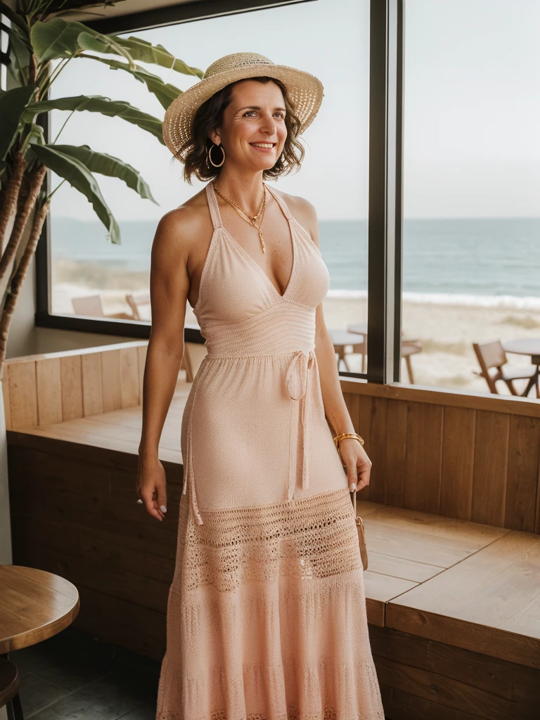 1 girl, photorealistic, realistic, her name is Elise, middle age, a 45-year-old woman with gray hair, body of 45-year-old woman, wrinkles on her face and body, Alpine woman, ((dark brown hair, short hair))), smiling, (((she is in her floor length crochet dress. It is made in super soft bright pink yarn. The dress has a halter-neck Accessories include a wide-brimmed straw hat, adding both glamour and practicality under the sun. Her look is completed with delicate gold jewelry, such as layered necklaces and hoop earrings, which catch the sunlight streaming through the coffee shop’s windows. A woven tote bag sits beside her))), (((dynamic pose))), ((( she is seductively standing inside a coffee shop near the beach exudes a relaxed yet chic vibe, perfectly blending comfort with style))), cleavage