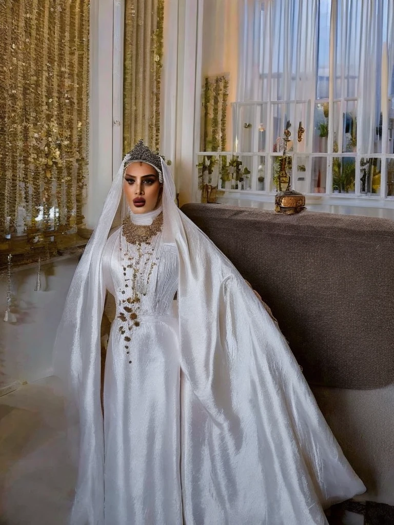 pakistani hijabi woman, hij4b wedding, reception, gold jewellery, makeup, ornaments, luxury, crowds, ornate, wedding all, windows, london, suburbs, columns, RAW photo, 8k uhd, dslr, soft lighting, high quality, film grain, Fujifilm XT3 and she show her giant sss to the cam