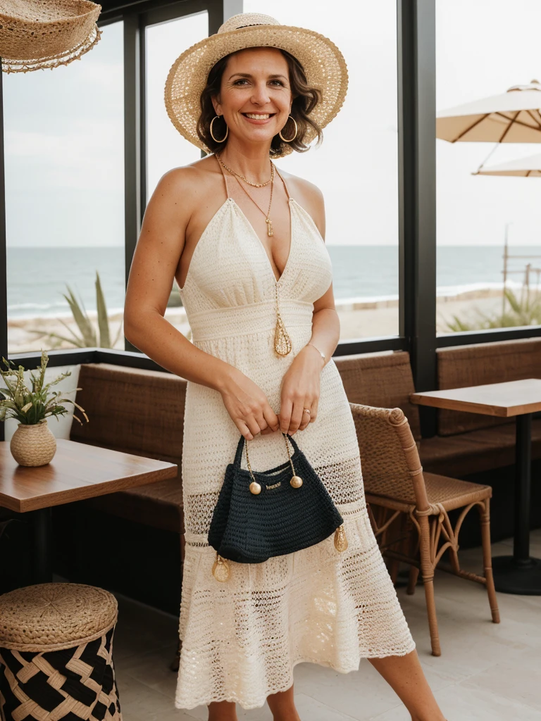 1 girl, photorealistic, realistic, her name is Elise, middle age, a 45-year-old woman with gray hair, body of 45-year-old woman, wrinkles on her face and body, Alpine woman, ((dark brown hair, short hair))), smiling, (((she is in her floor length crochet dress. It is made in super soft bright pink yarn. The dress has a halter-neck Accessories include a wide-brimmed straw hat, adding both glamour and practicality under the sun. Her look is completed with delicate gold jewelry, such as layered necklaces and hoop earrings, which catch the sunlight streaming through the coffee shop’s windows. A woven tote bag sits beside her))), (((dynamic pose))), ((( she is seductively standing inside a coffee shop near the beach exudes a relaxed yet chic vibe, perfectly blending comfort with style))), cleavage