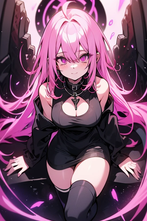 Perfect face, Perfect hands. A pink haired woman with violet eyes and an hourglass figure wearing a black sweater sweater dress is spinning her scythe in the library
