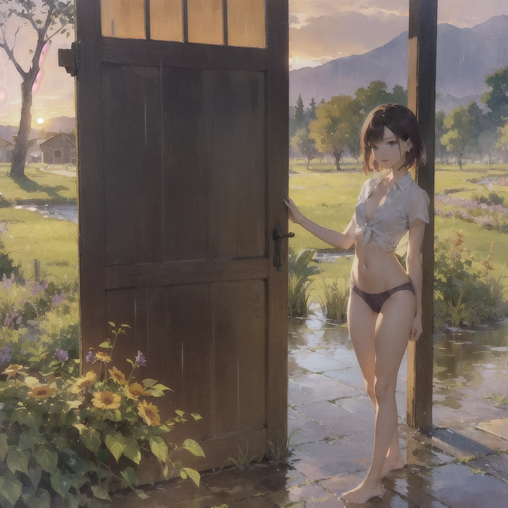 Exquisite, slender, delicate girl of with a perfect gentle face of the southern type (with short dark burgundy hair) with freckles (with ruby earring) in the rays of the rising sun, naked with tender bare breasts with pink swollen nipples ((barefoot)) ((in an unbuttoned open burgundy shirt over a naked body and in small burgundy panties)) (on the veranda in the garden) Drinks (coffee) and looks at the flowers, in watercolor style, discreet light shades, Flares, (imitation of film photography), against the sun, a lot of sun glare, light fills the frame, olive and grape groves, strong wind, Brick Road, high image quality, Maximum detail, sunset lighting, Warm evening shades, (warm golden and olive sunset light), big space eyes, olive and grape groves, Brick Road, ((brick house, coffee, coffeeйные чашки, coffeeйник)), ((Pouring rain, rain jets, puddles, девушка бежит barefoot под дождём, Purple sky))