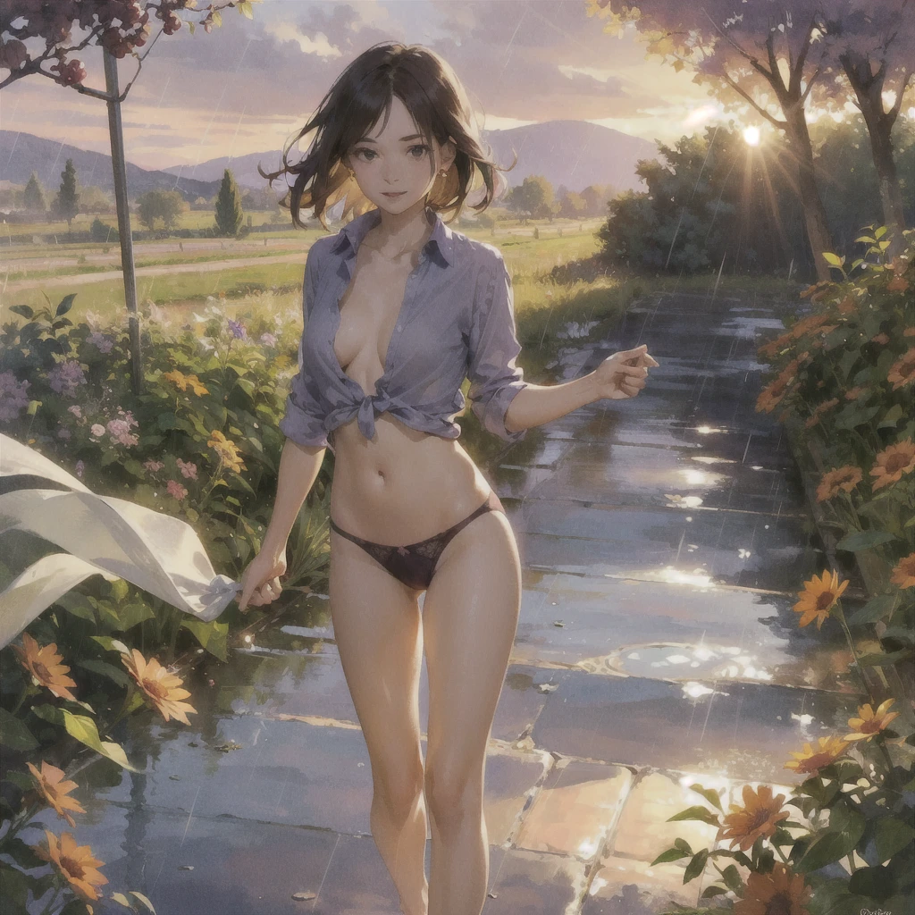 Exquisite, slender, delicate girl of with a perfect gentle face of the southern type (with short dark burgundy hair) with freckles (with ruby earring) in the rays of the rising sun, naked with tender bare breasts with pink swollen nipples ((barefoot)) ((in an unbuttoned open burgundy shirt over a naked body and in small burgundy panties)) (on the veranda in the garden) Drinks (coffee) and looks at the flowers, in watercolor style, discreet light shades, Flares, (imitation of film photography), against the sun, a lot of sun glare, light fills the frame, olive and grape groves, strong wind, Brick Road, high image quality, Maximum detail, sunset lighting, Warm evening shades, (warm golden and olive sunset light), big space eyes, olive and grape groves, Brick Road, ((brick house, coffee, coffeeйные чашки, coffeeйник)), ((Pouring rain, rain jets, puddles, девушка бежит barefoot под дождём, Purple sky))