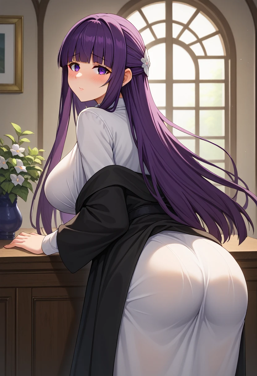 score_9, score_8_up, score_7_up, 1girl, fern \(sousou no frieren\), purple hair, long hair, blunt bangs, half updo, open robe, long dress, looking at viewer, looking back,solo, posing for picture, seductive, perfect lighting, perfect shadows, Blushing, ass, very sexy,high breasts, leaning forward