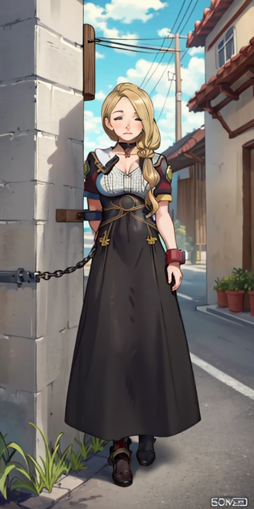 (masterpiece, best quality), intricate details, 1girl, Cammy White from Street Fighter (standing full body toe to head by wooden pole:1.2) iron collar, arms behind back, iron cuffs, shackles, bound, bondage outfit, harness, o-ring, bondage outfit blindfolded cover eyes, happy red cheeks, chain leash collar choker neck bell shackles wristbands bracers bracelets, cleave gag