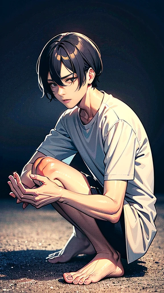 The person is also generated vertically.
Create a highly detailed image of a mysterious and thoughtful male character in a crouching position. The character should have spiky black hair and large, intense eyes. He is dressed in a loose-fitting white shirt and dark pants, with bare feet. The character's pose should convey deep contemplation, with one hand touching his lips and the other resting on the ground for balance. Background is a little horror.9:16 vertical image size,