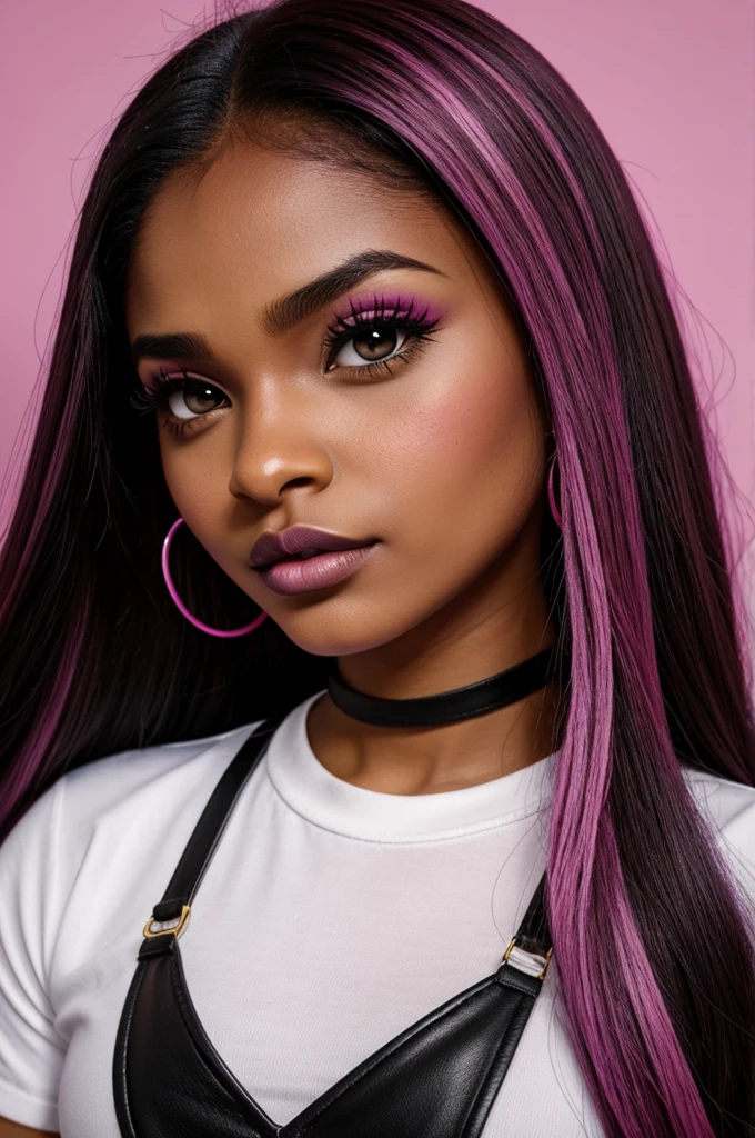 Brown skin woman, wide nose and septum piercing,round face, medium black eyes, BLACK LENSES, long hair with magenta highlights, bratz style