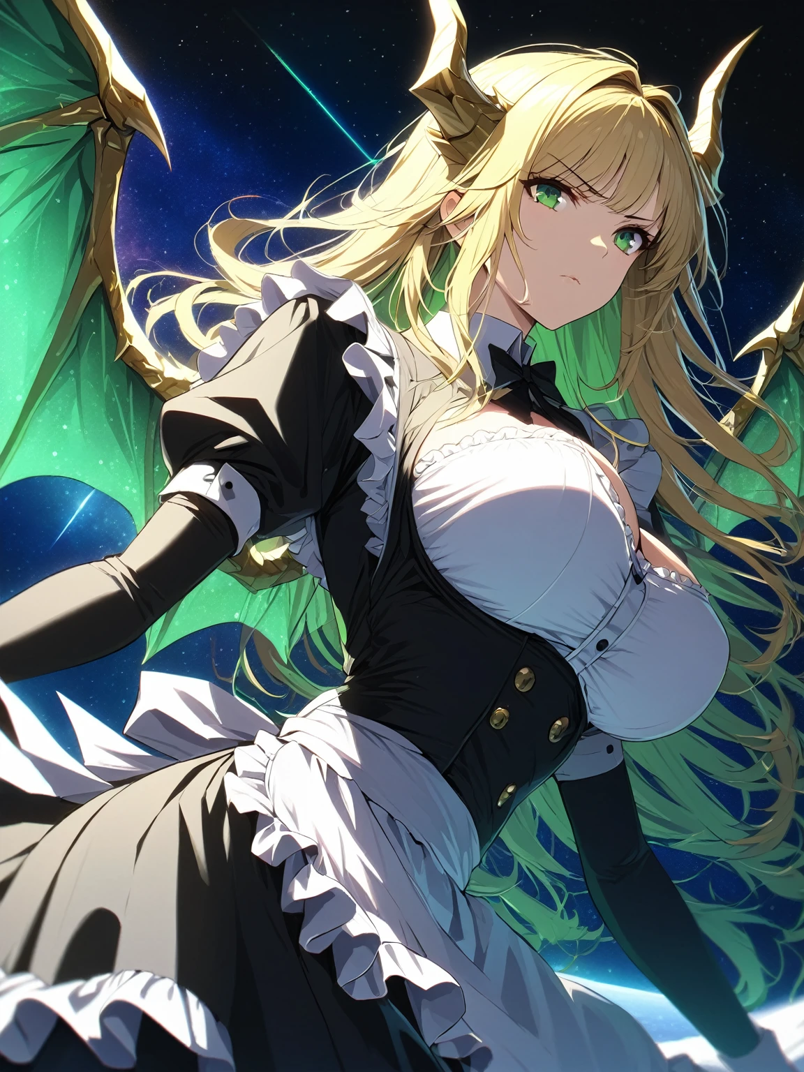 Masterpiece, very detailed, ultra detailed, one, (1 woman), she in a maid costume, long golden hair and parting on the side, yellow demonic horns, yellow dragon wings, beautiful, charming, green eyes, elegant, large breasts (huge), serious face, she is against the background of space and galaxies