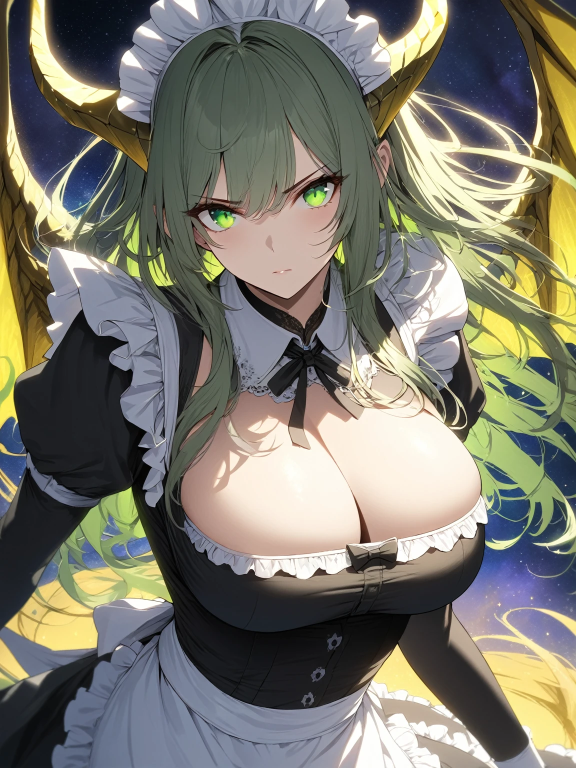 Masterpiece, very detailed, ultra detailed, one, (1 woman), she in a maid costume, long golden hair and parting on the side, yellow demonic horns, yellow dragon wings, beautiful, charming, green eyes, elegant, large breasts (huge), serious face, she is against the background of space and galaxies