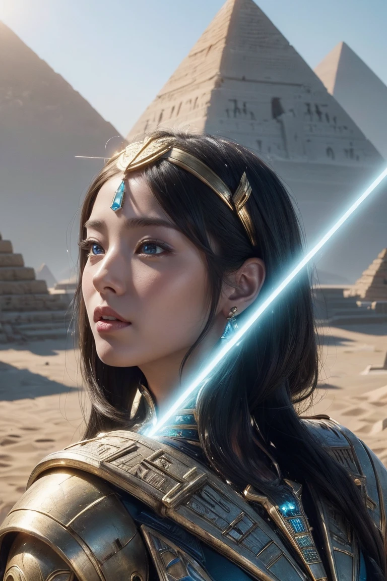 ((Highest quality、8K、masterpiece:1.3))、Photorealistic, Sharp focus, high resolution, High resolution, Portraiture, One person, woman, beautiful woman, sexy、古代エジプトを歩くエジプトのwoman戦士、Complex technology, Pyramids and ancient Egyptian cities far away、cyber-、Light and shadow、Cyan Light、