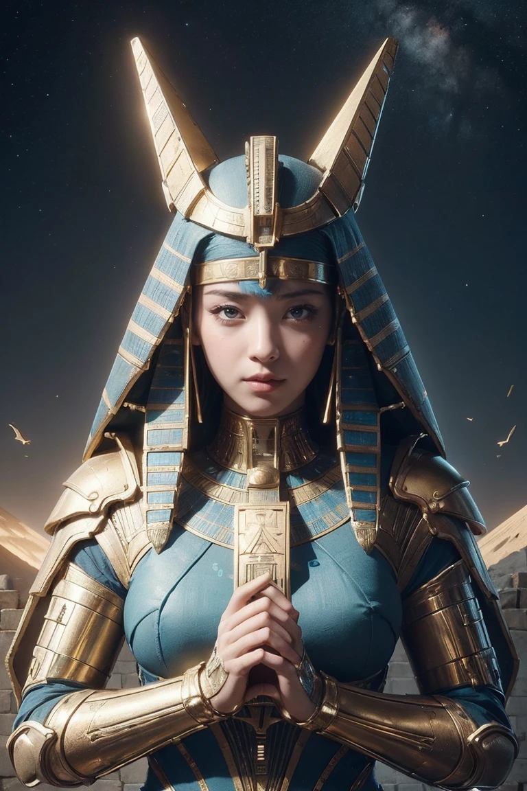 ((Highest quality、8K、masterpiece:1.3))、Photorealistic, Sharp focus, high resolution, High resolution, Portraiture, One person, woman, beautiful woman, sexy、古代エジプトを歩くエジプトのwoman戦士、Complex technology, Pyramids and ancient Egyptian cities far away、cyber-、Light and shadow、Cyan Light、