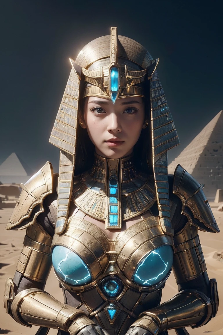 ((Highest quality、8K、masterpiece:1.3))、Photorealistic, Sharp focus, high resolution, High resolution, Portraiture, One person, woman, beautiful woman, sexy、古代エジプトを歩くエジプトのwoman戦士、Complex technology, Pyramids and ancient Egyptian cities far away、cyber-、Light and shadow、Cyan Light、