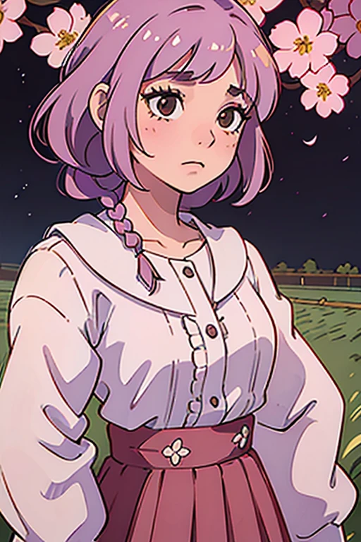 comic panel, young girl, pink hair with purple highlights, medium-long cut, with a headdress of braids brown eyes, with nice clothes, with little white flowers in her hair, looking longingly at one side of the field, while it's sunset