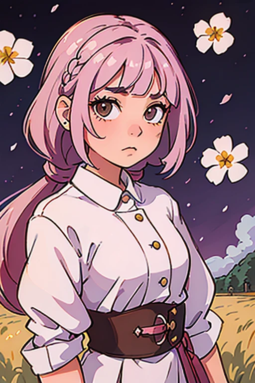 comic panel, young girl, pink hair with purple highlights, medium-long cut, with a headdress of braids brown eyes, with nice clothes, with little white flowers in her hair, looking longingly at one side of the field, while it's sunset