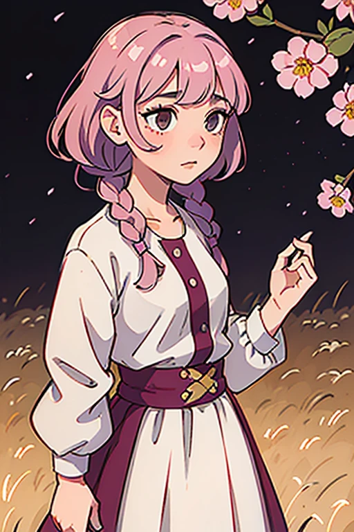 comic panel, young girl, pink hair with purple highlights, medium-long cut, with a headdress of braids brown eyes, with nice clothes, with little white flowers in her hair, looking longingly at one side of the field, while it&#39;s sunset