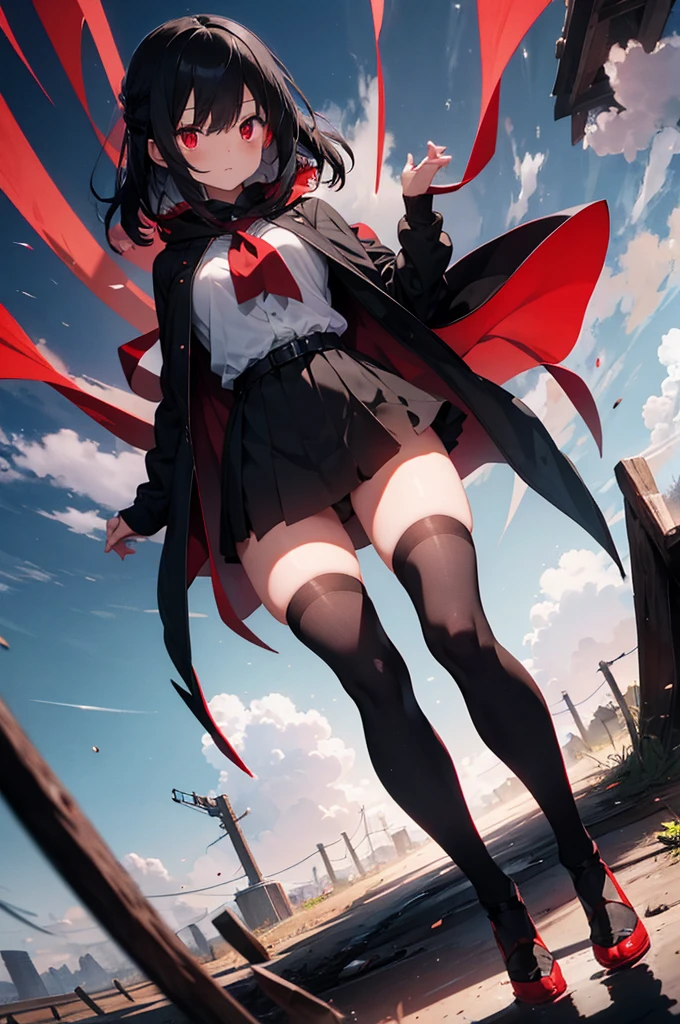 ((masterpiece, best quality)),1girl, from below, solo, hood, black hair, sky, cloud, red eyes, leotard, looking at viewer, building, cloudy sky, power lines, cityscape, scenery, city, night, school bag, Fingerless gloves, handheld weapons, cloaks, boots, pantyhose, stockings, neckbands, earrings, military uniforms,