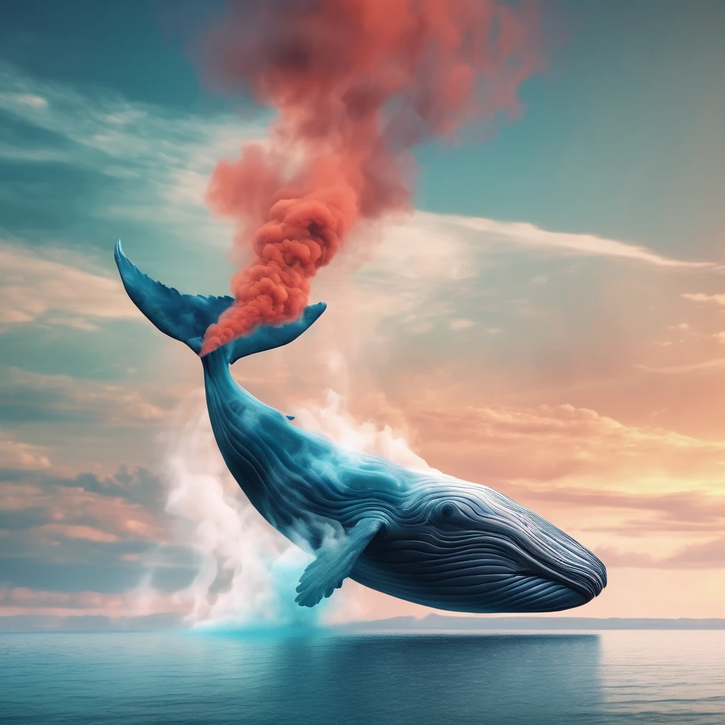 smoke layers creating the features of a giant whale in the sky, digital illustration, smoke shaping the animal form creating a optical illusion of the whale formed by smoke, blue teal and coral color palette, optical ilusion, 4k masterpiece, smokepainting, blurred, 