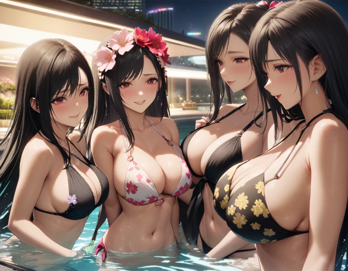 Highest quality, Super quality, 16K, Incredibly absurd, Very detailed, delicate and dynamic, SFW, Natural light, Fine particles reflect rainbow colors, Diffuse reflection of light, Vortex of Light, たくさんのcherry blossoms色の花びらが舞い降りる, roof top pool, Marina Bay Sands Singapore, night, moon, 水面にmoonが映る, Create amazing image effects, Upper body close-up, pool party, (, cute sexy girl, big busts, Sensual expression, peacefulness, Elegant, Charm, lure, Pool party with multiple women, , cherry blossoms, Flower storm, black long hair, Chic swimwear, Tifa Lockhart Final Fantasy VII)