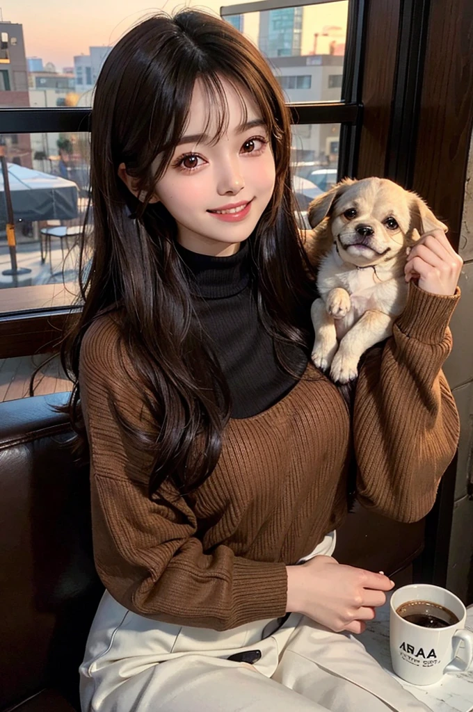 He is wearing a brown sweater and sitting in a cafe drinking coffee、A cute girl with long black straight hair, brown eyes and a round face, sunset, Smiling with no bangs and showing teeth, Holding a poodle puppy in her arms