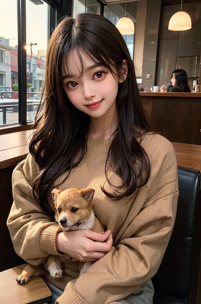 He is wearing a brown sweater and sitting in a cafe drinking coffee、A cute girl with long black straight hair, brown eyes and a round face, sunset, Smiling with no bangs and showing teeth, Holding a poodle puppy in her arms