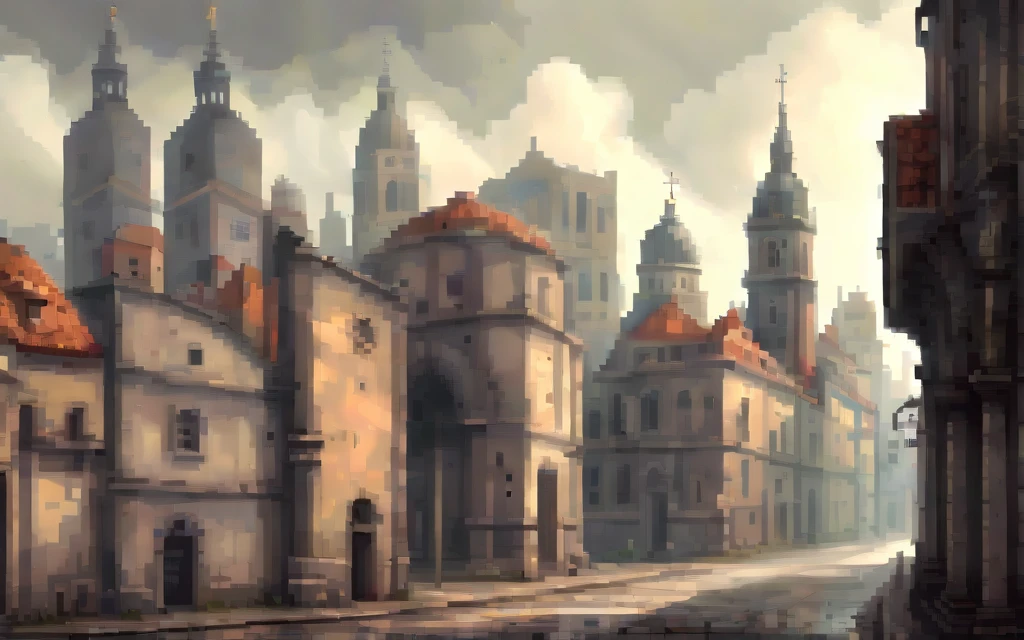 City mordena 2d, realistic monuments in a city with gloomy air