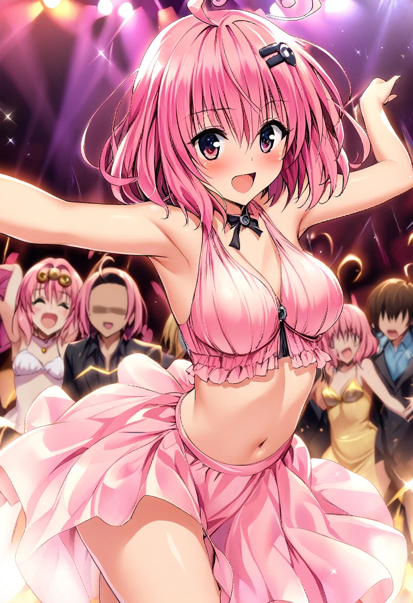 One girl, momo berea deviluke, to love-ru,perfect body,pink Hair, short Hair, puple eyes,hair clip,ahoge,
break,Create a nightclub atmosphere, with pulsing lights, lively dancing, and a sense of excitement and energy.