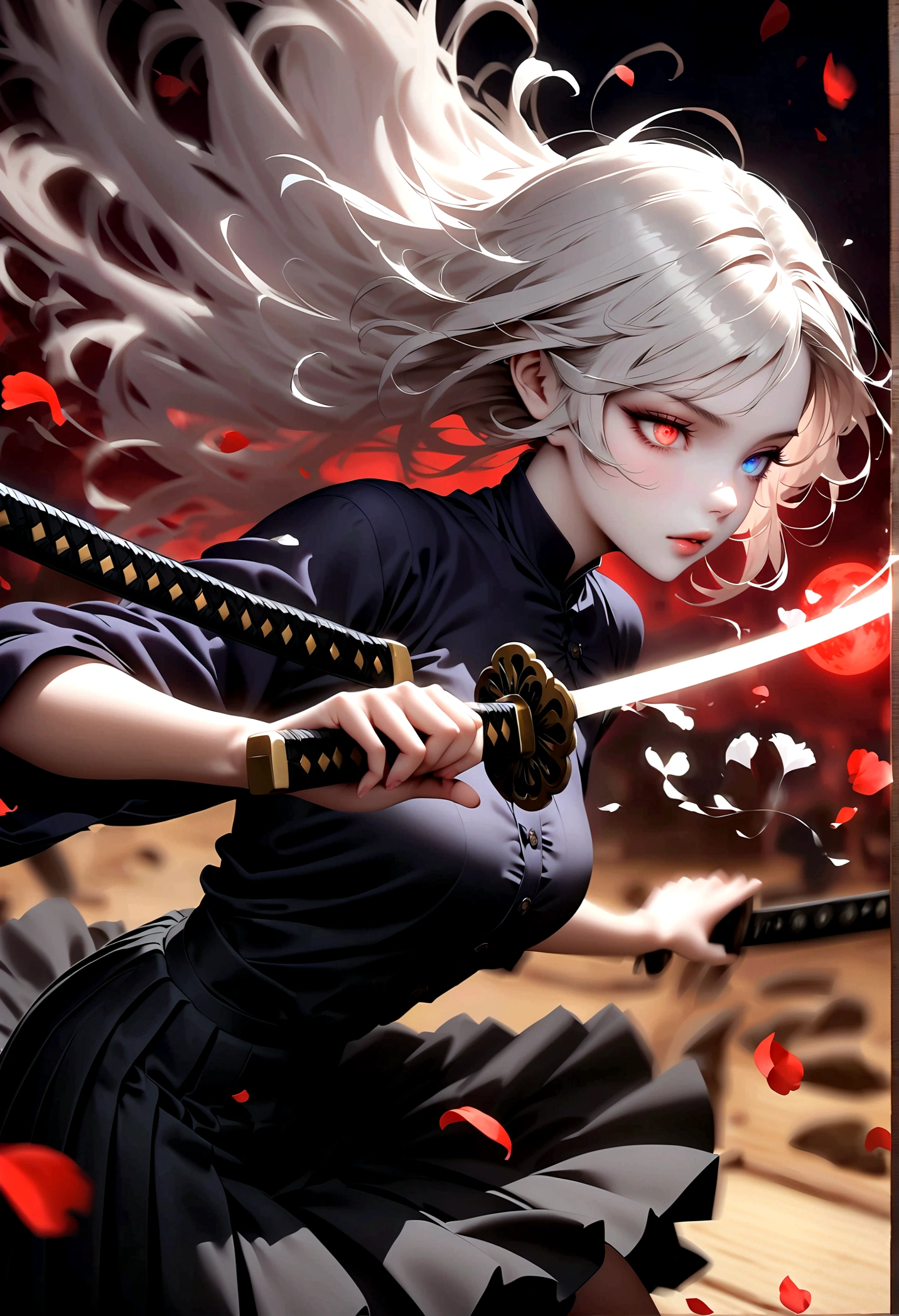 Japanese Anime:1 Girl, Beautiful and delicate eyes, Heterochromia,Beautiful and delicate lips, Extremely detailed eyes and face, Long eyelashes, Elegant Posture, White long hair,((( Black pleated skirt))), (((Glowing katana, Motion Blur, Petals in the air,))) Blurred foreground, Focus on the face, Japanese Anime艺术风格, Powerful energy, Dynamic Action, Red Moon, dark purple tones,