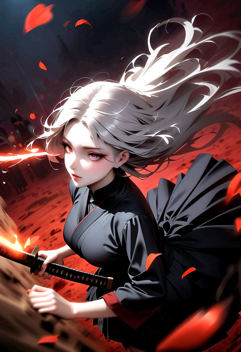 Japanese Anime:1 Girl, Beautiful and delicate eyes, Heterochromia,Beautiful and delicate lips, Extremely detailed eyes and face, Long eyelashes, Elegant Posture, White long hair,((( Black pleated skirt))), (((Glowing katana, Motion Blur, Petals in the air,))) Blurred foreground, Focus on the face, Japanese Anime艺术风格, Powerful energy, Dynamic Action, Red Moon, dark purple tones,
