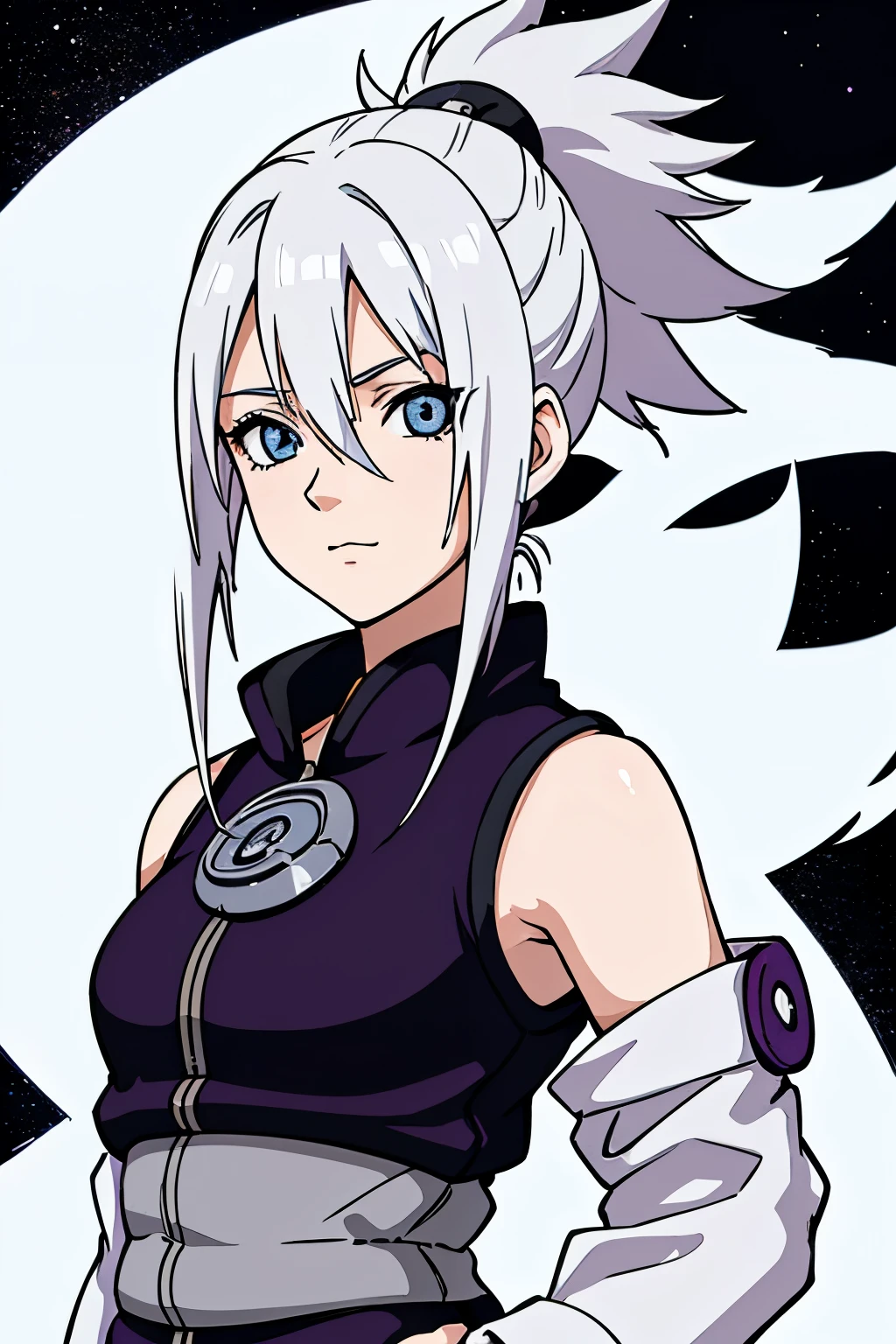 (high-quality, breathtaking),(expressive eyes, perfect face) portrait, Symmetrical Eyes, 1girl, solo, white hair, white coloured eyes, anime naruto art style, medium length hair, fluffy hair, feminine face, sky background, moon, konohavillage, stars, trees, hyuga, Ōtsutsuki, naruto ninja attire, neutral expression, soft smile, purple and black clothing, white trim, long sleeves, white dress, hair between eyes, bare shoulders, jacket, night time, cute ponytail
