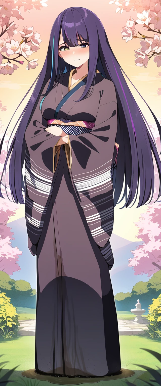 (masterpiece:1.37), best quality, (extremely detailed:1.37), (1girl:1.5), woman, (mature:1.5), (adult:1.5), large breasts, very long hair, (straight hair:1.5), (very dark purple hair:1.5), purple eyes, (extremely detailed eyes:1.37), (furisode:2.0), desperation, (wetting self:2.0), standing, embarrassed, humiliation, blushing, angry, cherry blossoms, garden, (golden hour:1.5), full body
