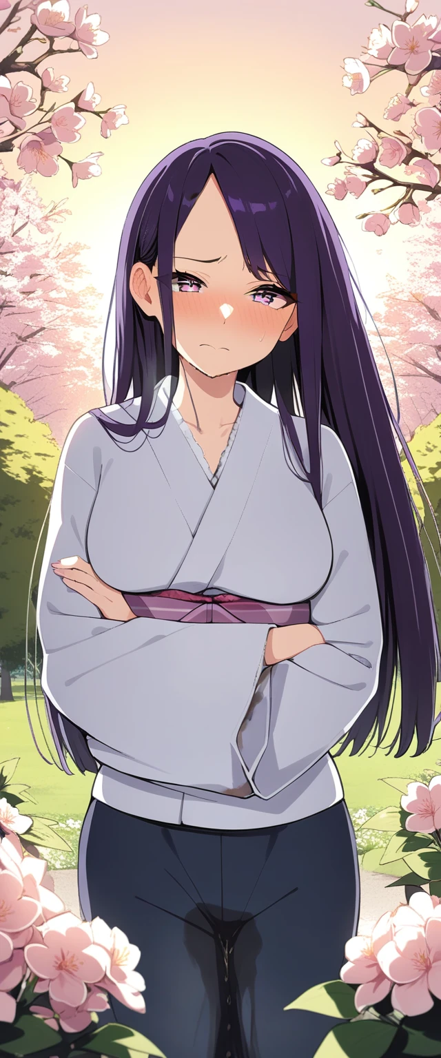 (masterpiece:1.37), best quality, (extremely detailed:1.37), (1girl:1.5), woman, (mature:1.5), (adult:1.5), large breasts, very long hair, (straight hair:1.5), (very dark purple hair:1.5), purple eyes, (extremely detailed eyes:1.37), (furisode:1.5), desperation, (wetting self:1.5), standing, (crossed arms:1.5), embarrassed, humiliation, blushing, angry, cherry blossoms, garden, (golden hour:1.5), full body