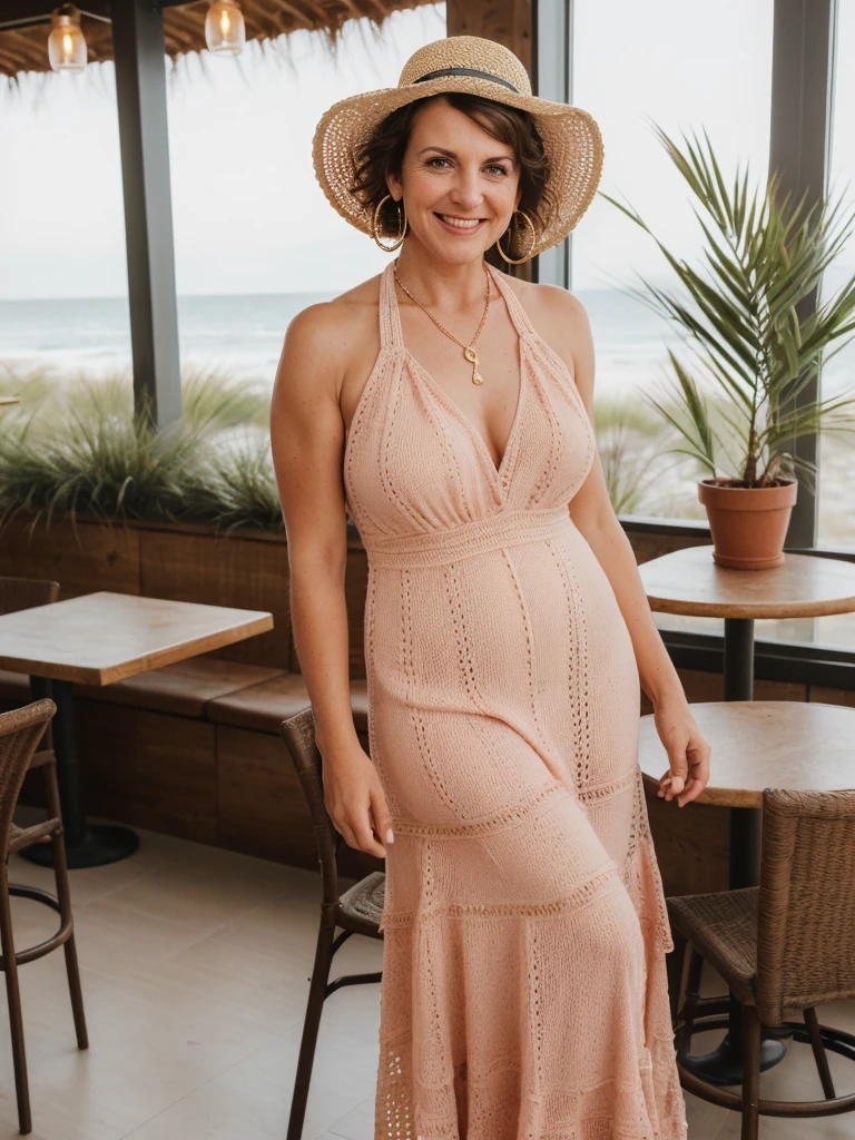 1 girl, photorealistic, realistic, her name is Elise, middle age, a 45-year-old woman with gray hair, body of 45-year-old woman, wrinkles on her face and body, Alpine woman, ((dark brown hair, short hair))), smiling, (((she is in her floor length crochet dress. It is made in super soft bright pink yarn. The dress has a halter-neck Accessories include a wide-brimmed straw hat, adding both glamour and practicality under the sun. Her look is completed with delicate gold jewelry, such as layered necklaces and hoop earrings, which catch the sunlight streaming through the coffee shop’s windows. A woven tote bag sits beside her))), (((dynamic pose))), ((( she is seductively standing inside a coffee shop near the beach exudes a relaxed yet chic vibe, perfectly blending comfort with style))), cleavage, (((but out)))