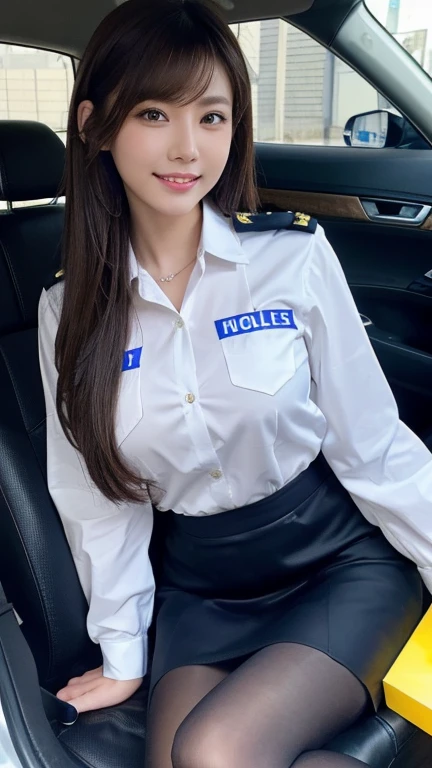 (Highest Resolution, clear_Image 1.2) 、(Beautiful girl with golden ratio face)、(Very lively eyes、Wolf Eyes 3.5)、Great essentials, Attention to detail, Bob Hair、Lip gloss、Very beautiful girl、 alone, Beautiful girl like a model、Woman in uniform, Tight Skirt、Police uniform, board member, Dark blue uniform, Bobby、security guard、Black Pantyhose、Inside the police car、Assistant seat、18-year-old、smile、