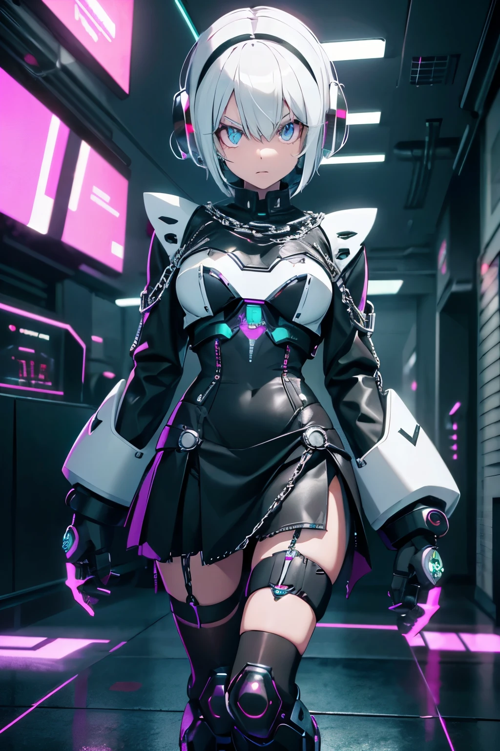 Android Girl,white hair,short and messy hair, purple neon eyes, Holding a chain whip,chains on the hands,chains action, very cute, skirt, white blouse, cyberpunk style, eletronic gloves, mecanic parts, eletronic details,living room background.HD lighting and dark )(epic image quality) dark atmosphere with bright particle light(many effects in background), dinamic shot, robot, neon tweaks, cyberpunk theme