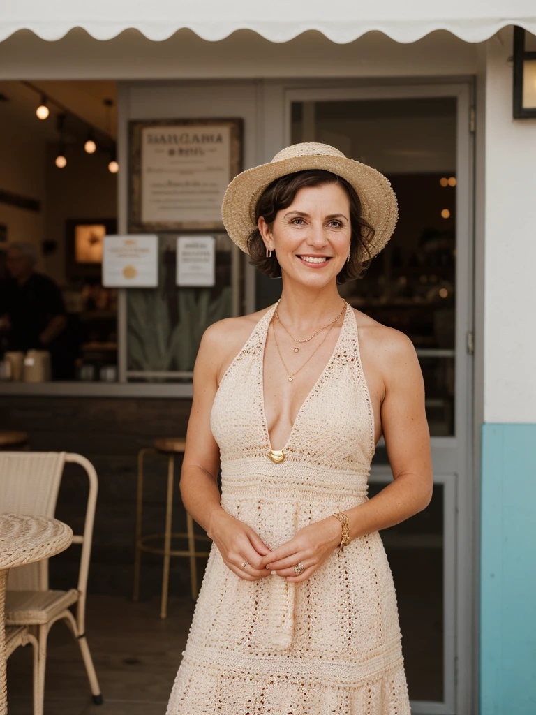 1 girl, photorealistic, realistic, her name is Elise, middle age, a 45-year-old woman with gray hair, body of 45-year-old woman, wrinkles on her face and body, Alpine woman, ((dark brown hair, short hair))), smiling, (((she is in her floor length crochet dress. It is made in super soft bright pink yarn. The dress has a halter-neck Accessories include a wide-brimmed straw hat, adding both glamour and practicality under the sun. Her look is completed with delicate gold jewelry, such as layered necklaces and hoop earrings, which catch the sunlight streaming through the coffee shop’s windows. A woven tote bag sits beside her))), (((dynamic pose))), ((( she is seductively standing inside a coffee shop near the beach exudes a relaxed yet chic vibe, perfectly blending comfort with style))), cleavage, (((but out)))