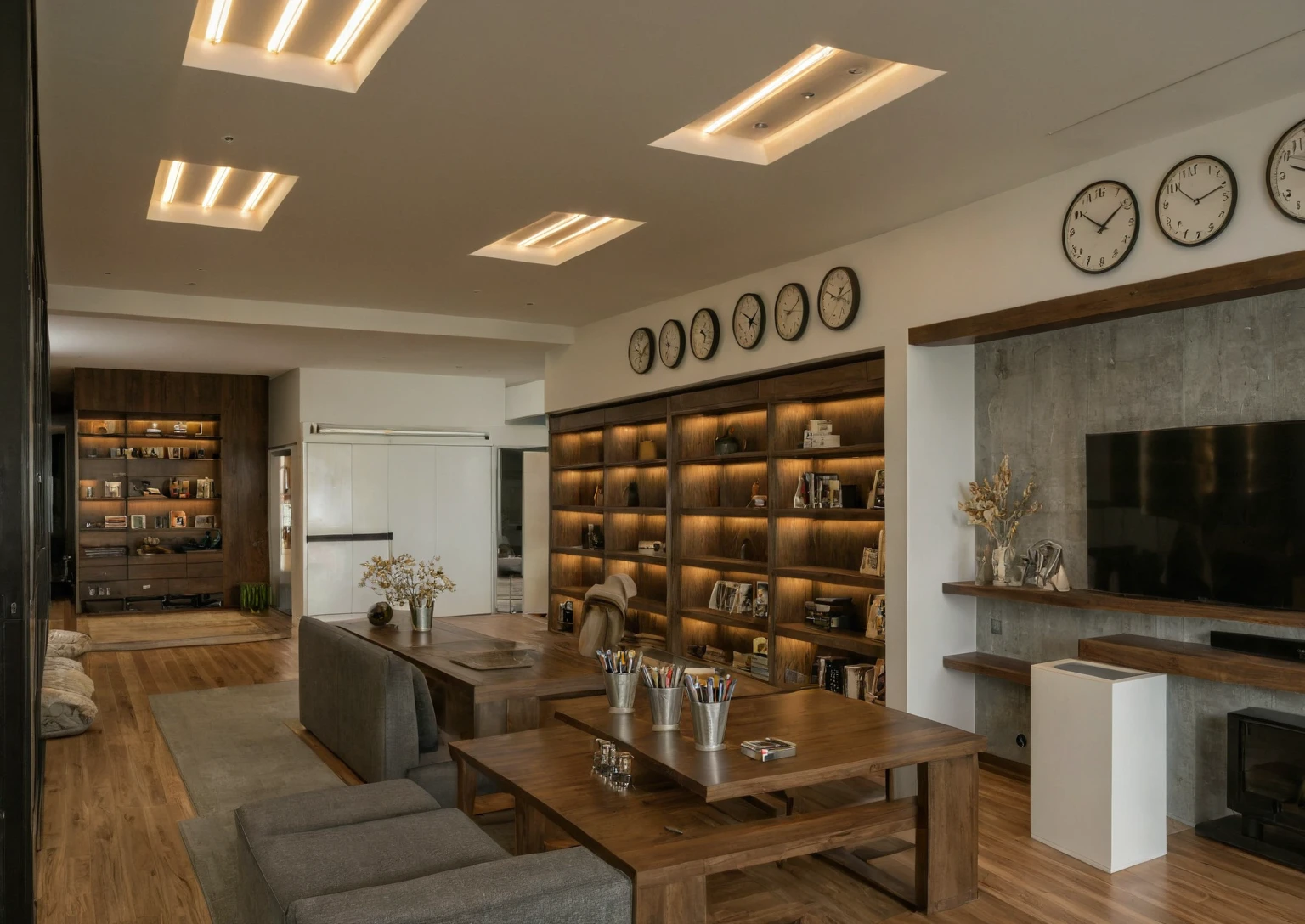 Raw photo, Masterpiece, high quality, best quality, authentic, super detail, interior, indoors, style modern, minimalist line, wooden, dark walnut wood, LED light, white paint wall, LIVING ROOM, PEN HOUSE, wooden window, japan style, wasabi style, Jen style, steel stair, glass railing, paint wall decor, bookshelf, livingroom, Indochine style, book shop