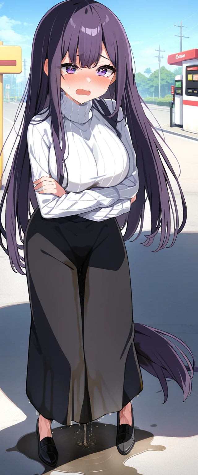 (masterpiece:1.37), best quality, (extremely detailed:1.37), (1girl:1.5), woman, (mature:1.5), (adult:1.5), large breasts, very long hair, (straight hair:1.5), (very dark purple hair:1.5), purple eyes, (extremely detailed eyes:1.37), hoodie, jeans, desperation, (wetting self:2.0), standing, embarrassed, humiliation, blushing, angry, (crossed arms:1.5), office, indoors, window, cityscape, full body