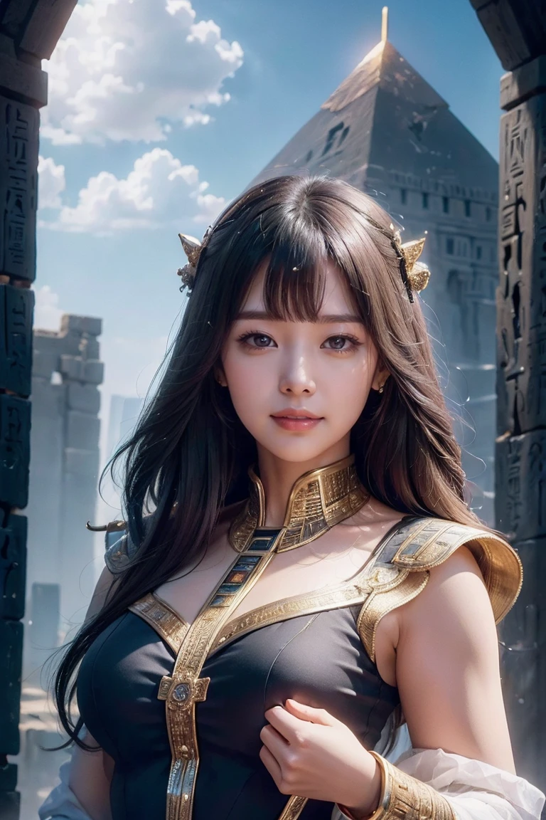 ((Highest quality、8K、masterpiece:1.3))、Photorealistic, Sharp focus, high resolution, High resolution, Portraiture, One person, woman, beautiful woman, sexy、古代エジプトを歩くエジプトのwoman戦士、Complex technology, Pyramids and ancient Egyptian cities far away、cyber-、Light and shadow、Cyan Light、