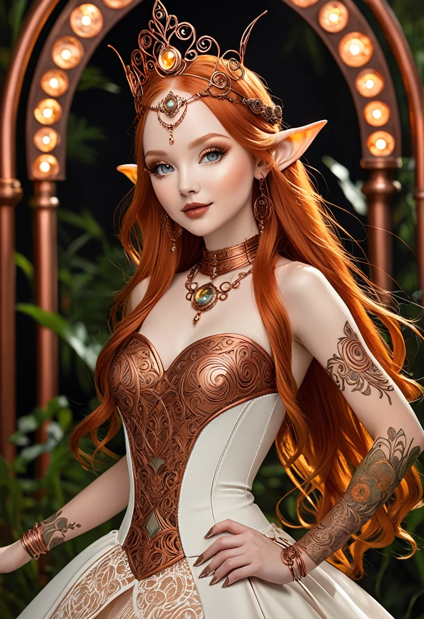 Steampunk inspired goblin princess. copper wire necklaces and bangles. Crown of fine copper wire. copper coloured tatoos cover her face and body intricate and beautiful designs. LArge pointed ears that end in curlicues. Hands on hips. Ember colored eyes adorned with intricate copper wireing. a pure white dress, hemmed with copper, covered in copper lace and filligree. silver designs cover the skirt in a kaleidoscope of intricate copper designs. Background is magical verdant forrest. Her visage is a mesmerizing blend of Molly-Quinn and Dove-Cameron,, creating a unique, symmetrical face that exudes elegance and grace. copper colores face tattoos. Copper colored arms, and chest tatoos. Cozy, romantic lighting. Cheerful smile. Copper hair that shimmers and sparkles in the lights. Hourglass figure. copper lips. dark copper eye shadow.