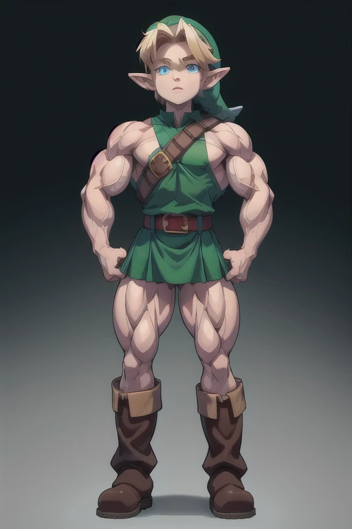 ​masterpiece, best quality, 1 boy, Subscribe to, blond hair, blue eyes, hat, pointy ears, green tunic, belt, boots, (View of Fee), Hands on hips, simple backround, muscular legs , muscular arms, Muscular upper body, muscular abdominal muscles , muscular shoulders,)