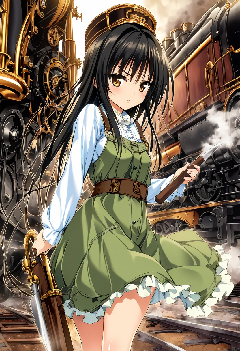 One girl, kotegawa yui, to love-ru,perfect body,black Hair, long Hair, brown eyes,cap,dress,longsleeve,holding a tool,standing side of steam locomotive,
break,A steampunk aesthetic with Victorian-era machinery, brass gears, and an overall retro-futuristic feel."