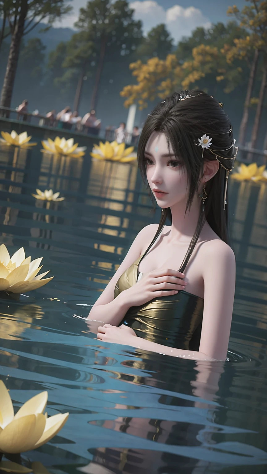 a beautiful young woman bathing in a serene lake, water up to her shoulders, her hands covering her chest, golden glowing lotus flowers floating on the surface, soft lighting, intimate and sensual mood, highly detailed, cinematic composition, realistic, photorealistic