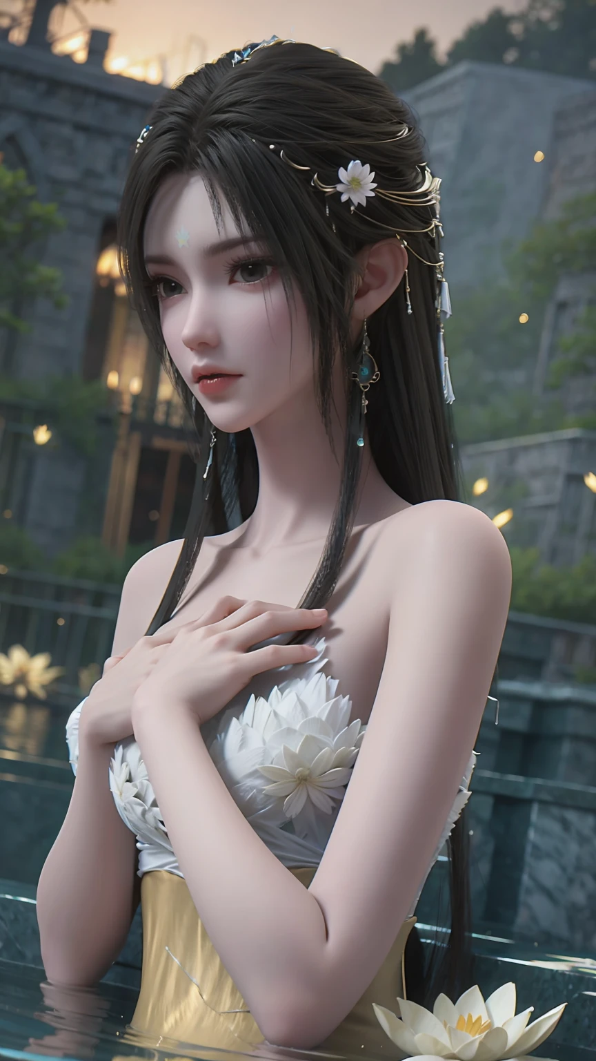 a beautiful young woman bathing in a serene lake, water up to her shoulders, her hands covering her chest, golden glowing lotus flowers floating on the surface, soft lighting, intimate and sensual mood, highly detailed, cinematic composition, realistic, photorealistic