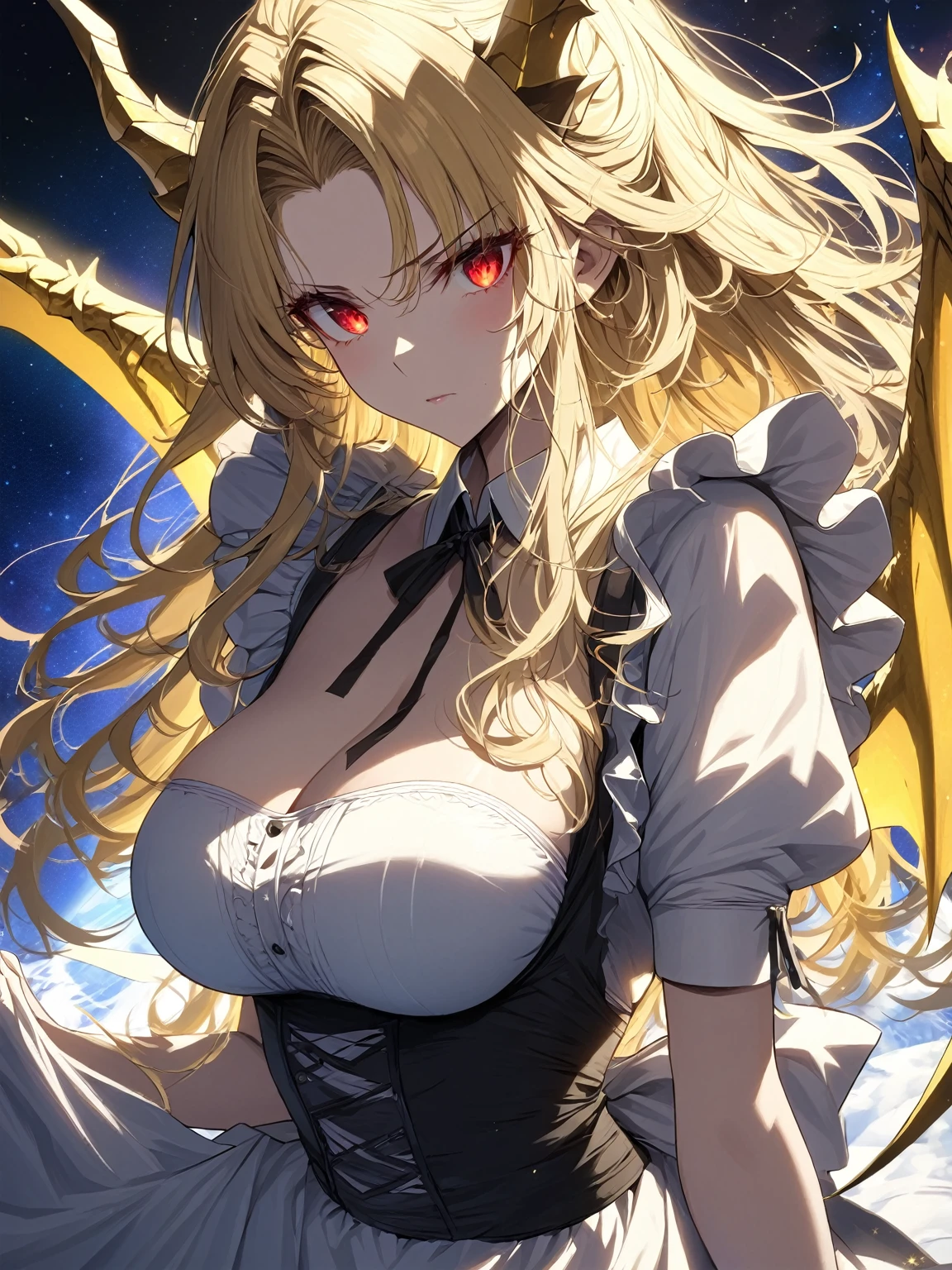 Masterpiece, very detailed, ultra detailed, one, (1 woman), she in a maid costume, long golden hair and parting on the side, yellow demonic horns, yellow dragon wings, beautiful, charming, blood-red eyes, elegant, large breasts (huge), serious face, she is against the background of space and galaxies