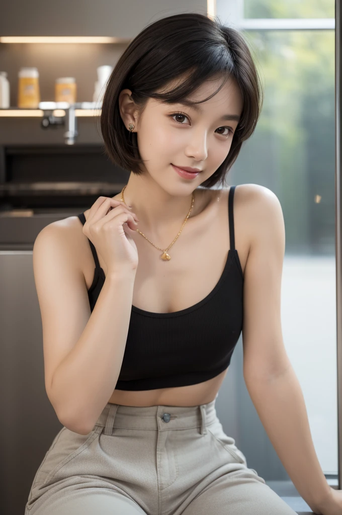 (Highest quality, 8K, masterpiece: 1.3)), concentrated: 1.2, Perfect Body Beauty: 1.4, ((Layered Haircut,Small breasts: 1.2)), (Ice cream shop:1.3), (Tank top,Wide-leg trousers : 1.3) ,valley,　A shy smile,Highly detailed face and skin texture, Simple Necklace, (Beautiful, clear black eyes:1.3), double eyelid ,White skin, medium brown color bob hair, golden ratio, (shut up: 1.3),
