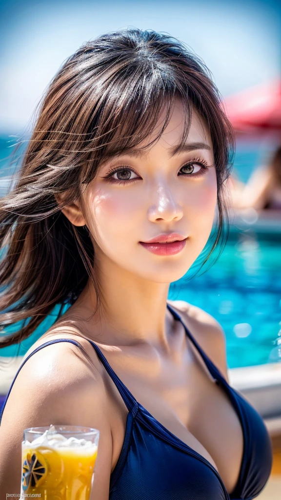 in 8K、超A high resolution、Best Quality、masutepiece、The ultra -The high-definition(quite massive chest、爆乳、big butts)(Hide all breasts and belly、High Leg Swim Racing Suit、onepiece swimsuit)Beautiful beach、Beautiful sandy beach 、(Black hair short bob、Straight hair、Japan woman in her 20s、Adult bewitching woman、Toned body、long legged、Realistic face、Big dark eyes、drooing eyes、Crisp double eyelids、a small face、ighly detailed)shinny skin、Show the armpits