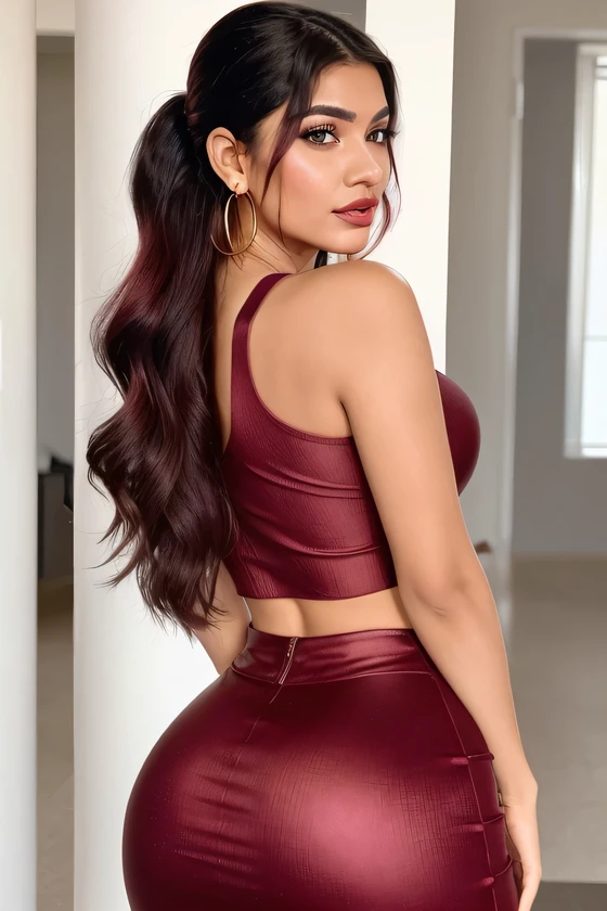 "Generate an image of Marina, a 25-year-old modern Indian influencer, in a realistic setting. She is wearing a tight-fitting, sleeveless, red bodycon dress with a scoop neckline that ends above the knee, accentuating her figure with an increased bust size and showing her curves prominently. Her hair is medium-length, straight with slight waves at the ends, styled in a high ponytail with a matching red hair tie. Marina's hair color is a deep, reddish-purple hue that’s bold yet sophisticated. The image is taken from the back, highlighting her well-defined figure and showing her ass prominently. Her makeup is natural, featuring highlighted cheekbones, soft pink lips, and defined eyebrows. She has a soft smile on her face, turned slightly to the side, and is wearing small hoop earrings. The overall look is stylish and sophisticated, perfect for her daily life and fashion influencer persona."