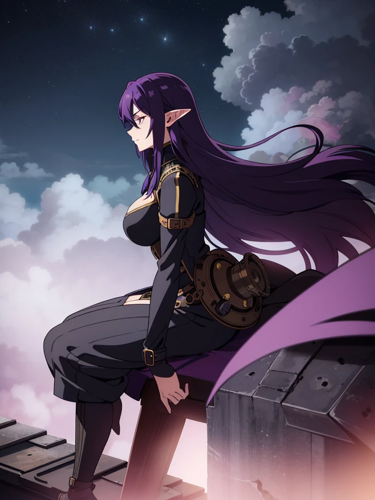 night,steampunk city,fatory,fog,smoke,on top of a roof,1mature woman,serious,black elegant outfit,purple hair,long hair,elf ears,crouched,profile