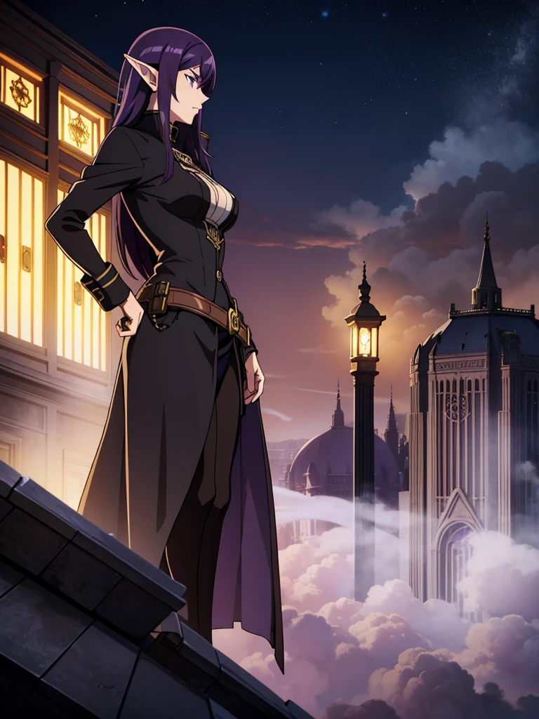 night,steampunk city,fatory,fog,smoke,on top of a roof,1mature woman,serious,black elegant outfit,purple hair,long hair,elf ears,crouched,profile
