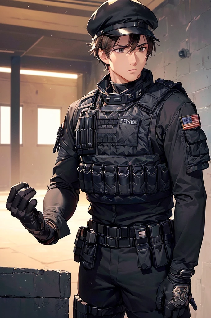 (((masterpiece; best quality: 1.2))), (finely detailed eyes: 1.3), (25 year old man), (solo), (black eyes: 1.4), (body; muscular, fit, masculine: 1.3), (short brown hair: 1.3), (beautiful and clear background: 1.2), ((depth of field)), (equipment: spec ops full black tactical combat-ready gear + tactical long-sleeve shirt+ kevlar vest + black gloves + black baseball cap + pouches: 1.3), (anime illustration: 1.2), (background composition; military base office: 1.1), (extremely fine and handsome: 1.1), (shot composition; standing + centered on torso + close-up: 1.5), (expression; calm, stoic: 1.2)