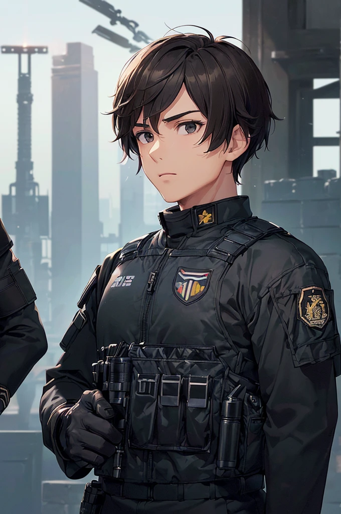 (((masterpiece; best quality: 1.2))), (finely detailed eyes: 1.3), (25 year old man), (solo), (black eyes: 1.4), (body; muscular, fit, masculine: 1.3), (short brown hair: 1.3), (beautiful and clear background: 1.2), ((depth of field)), (equipment: spec ops full black tactical combat-ready gear + tactical long-sleeve shirt+ kevlar vest + black gloves + black baseball cap + pouches: 1.3), (anime illustration: 1.2), (background composition; military base office: 1.1), (extremely fine and handsome: 1.1), (shot composition; standing + centered on torso + close-up: 1.5), (expression; calm, stoic: 1.2)